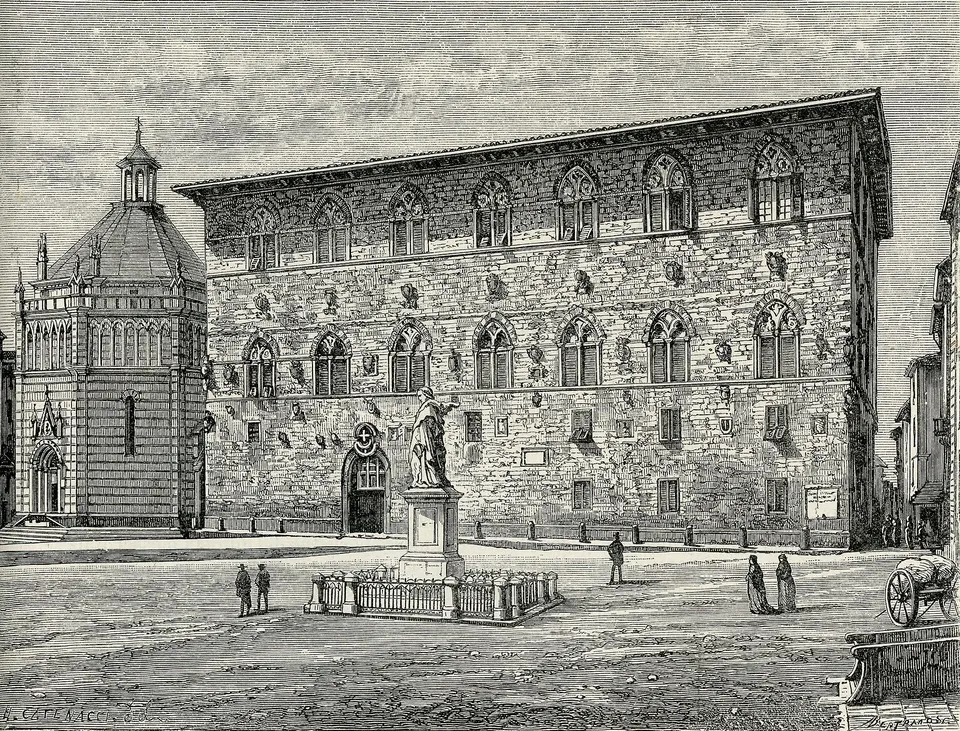 Pistoia: Palazzo Comunale (xilografia di Catenacci e Bertrand).
