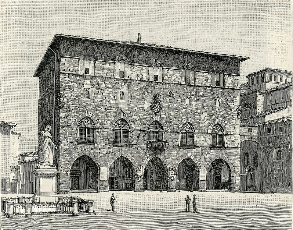 Pistoia: Palazzo Comunale (xilografia di Giuseppe Barberis).